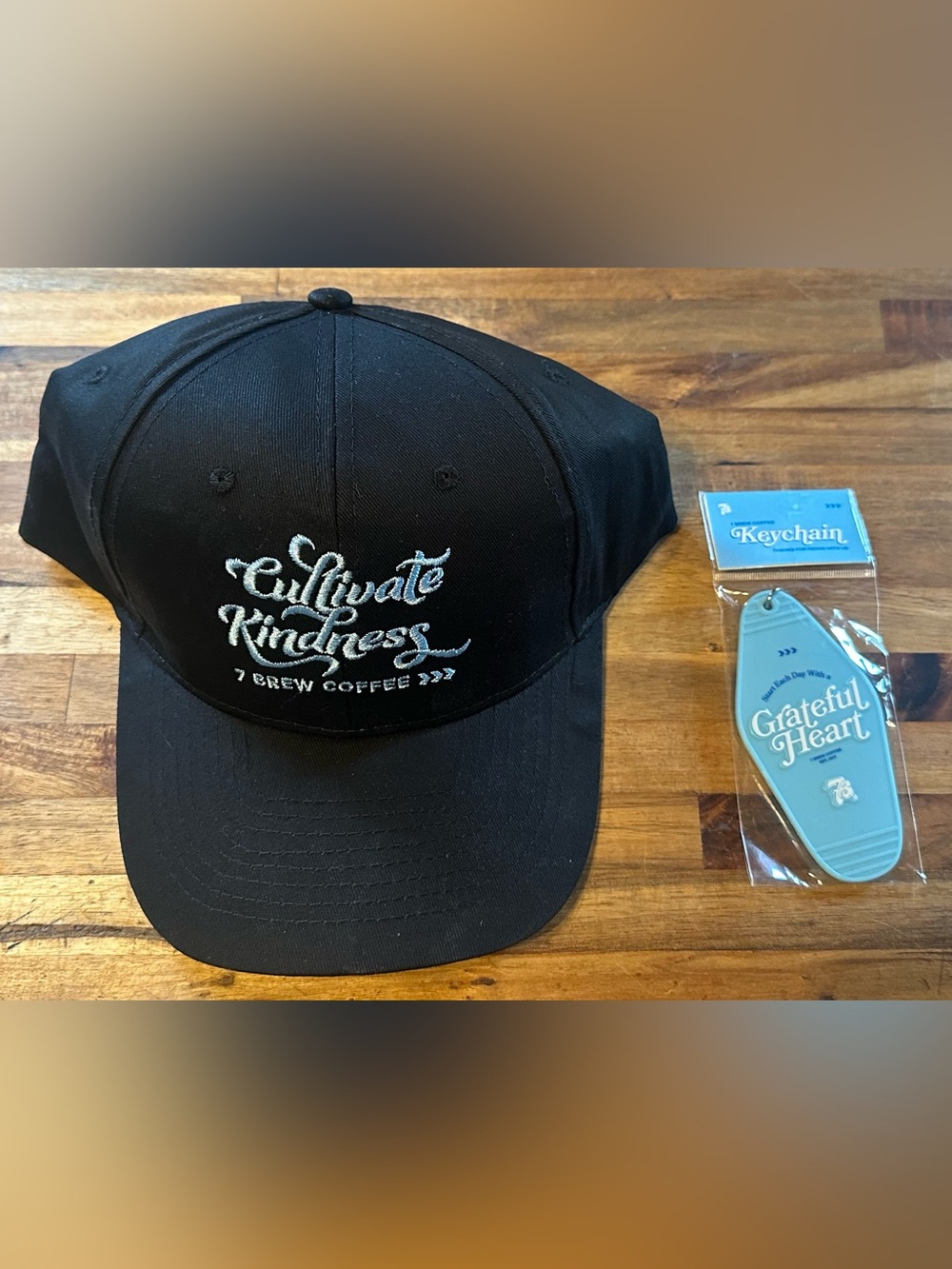 7 Brew Coffee Cultivate Kindness Embroidered Black Hat & Grateful Heart Keychain
